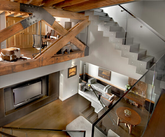 Contemporary Transformation Schoolhouse Loft, Featured Image, View from the second story platform to living area