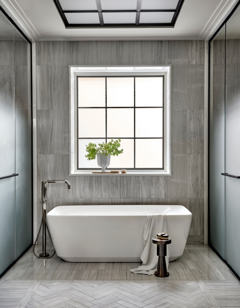 Interior modern bathroom with tub and dual showers